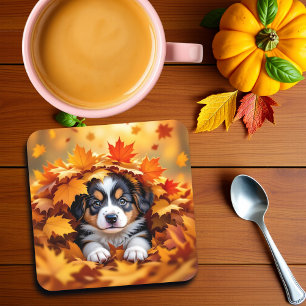 Cute Puppy Dog in Fall Leaves Coaster