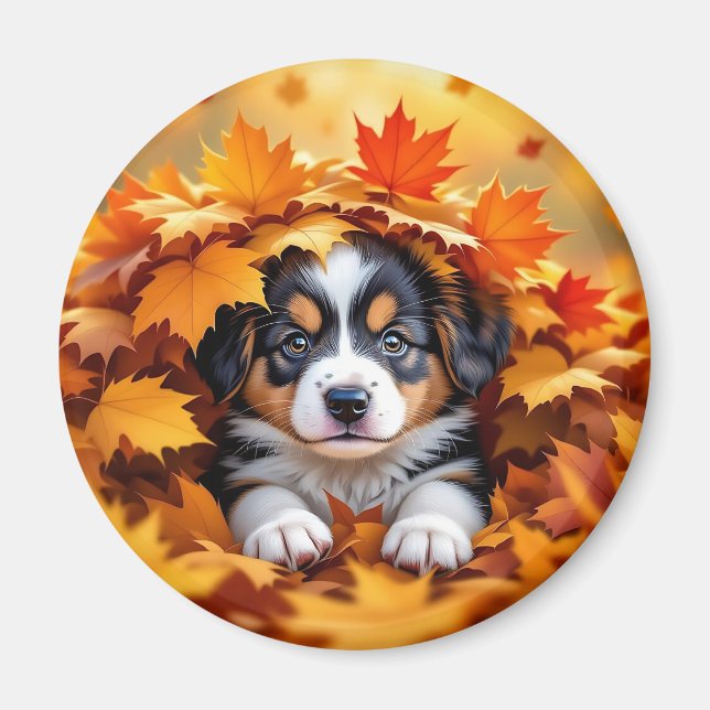 Cute Puppy Dog in Fall Leaves Magnet (Front)