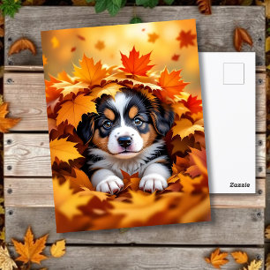 Cute Puppy Dog in Fall Leaves Postcard