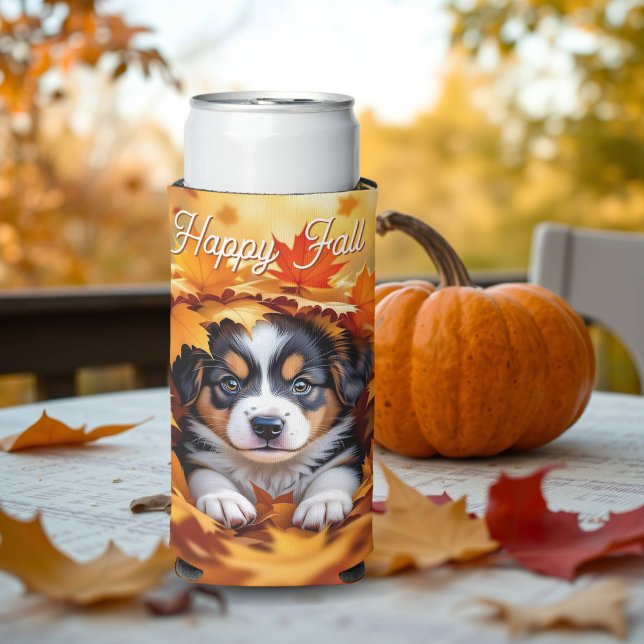 Cute Puppy Dog in Fall Leaves Seltzer Can Cooler (Creator Uploaded)