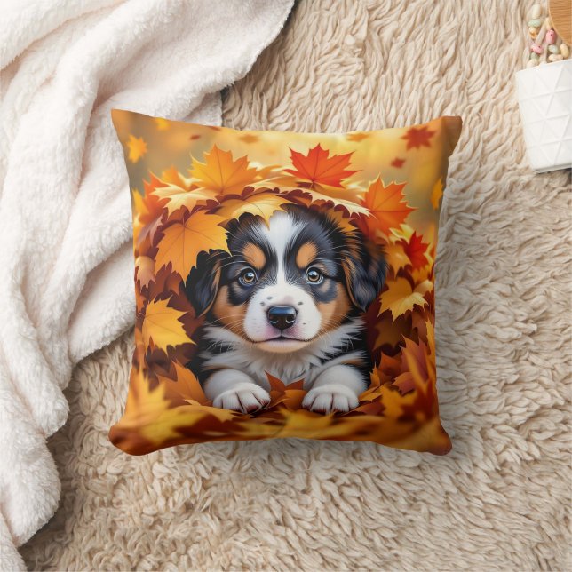 Cute Puppy Dog in Fall Leaves Throw Pillow (Blanket)