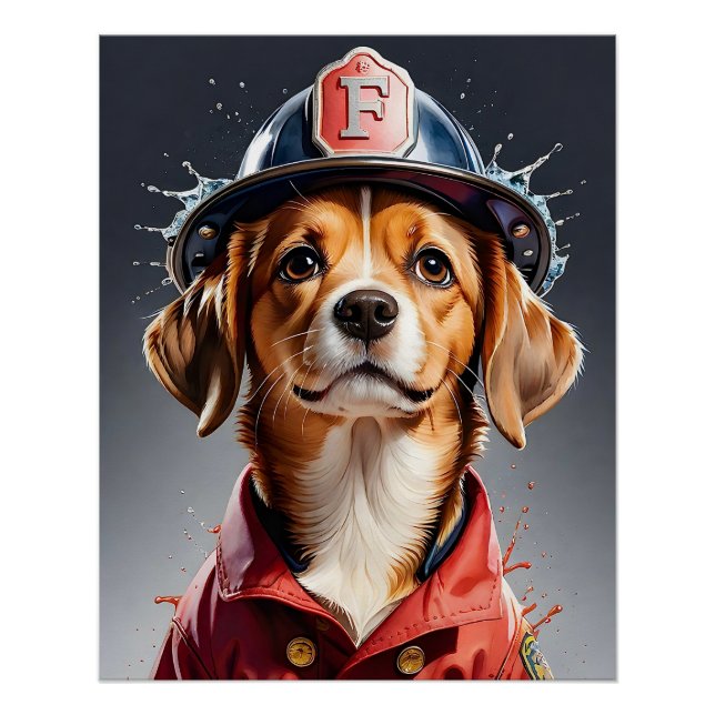 Cute Puppy Dog in Firefighter Uniform Watercolor Poster (Front)