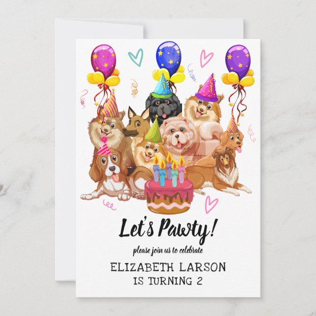 Cute Puppy Dog Lets Pawty Birthday Celebration Invitation (Front)