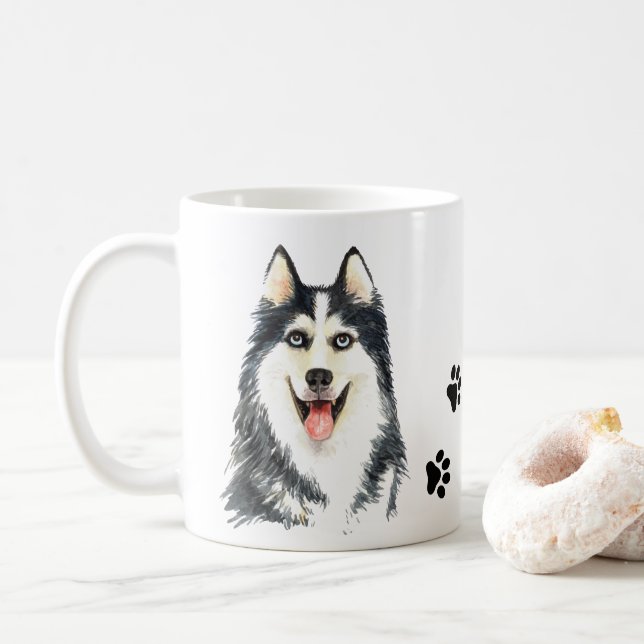 Cute Puppy Dog Lover Watercolor Siberian Husky Coffee Mug (With Donut)