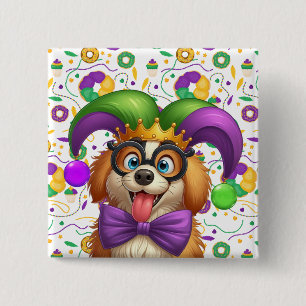 Cute puppy dog Mardi Gras in jester hat 2 Inch Square Button