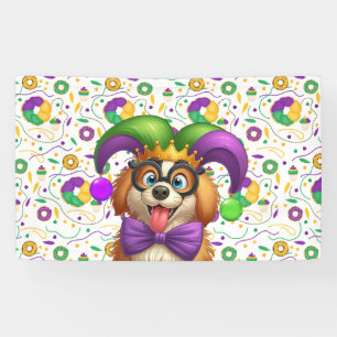 Cute puppy dog Mardi Gras in jester hat Banner