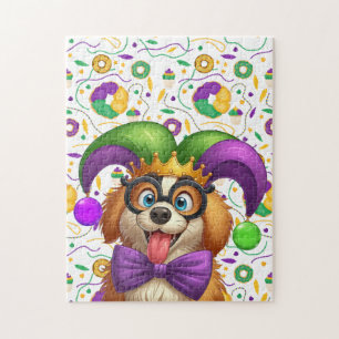 Cute puppy dog Mardi Gras in jester hat Jigsaw Puzzle
