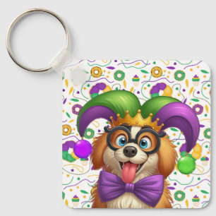 Cute puppy dog Mardi Gras in jester hat Keychain