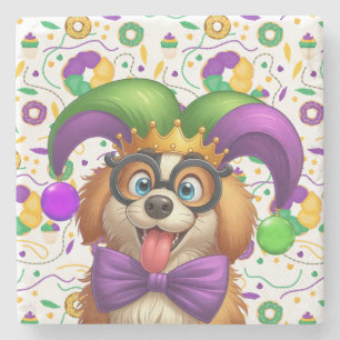 Cute puppy dog Mardi Gras in jester hat Stone Coaster