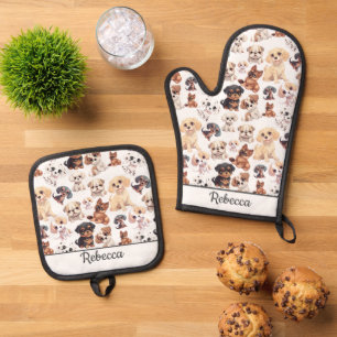 Cute Puppy Dog Pattern Name Oven Mitt & Pot Holder Set
