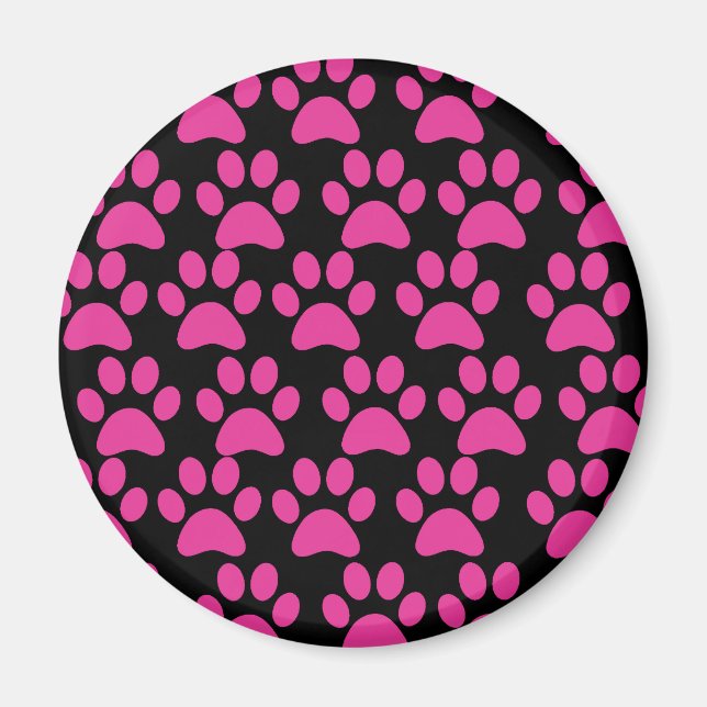 Cute Puppy Dog Paw Prints Hot Pink Black Magnet (Front)