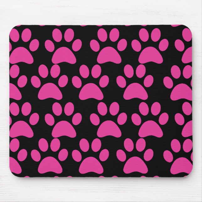 Cute Puppy Dog Paw Prints Hot Pink Black Mouse Pad (Front)