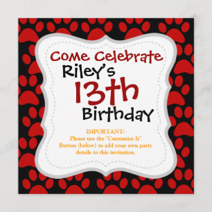 Cute Puppy Dog Paw Prints Red Black Invitation