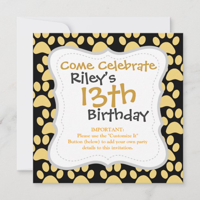 Cute Puppy Dog Paw Prints Tan Black Invitation (Front)