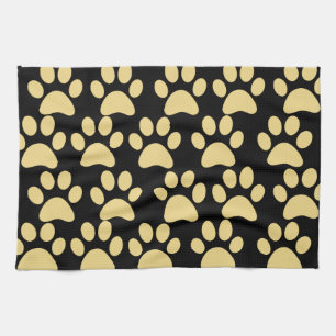 Cute Puppy Dog Paw Prints Tan Black Kitchen Towel