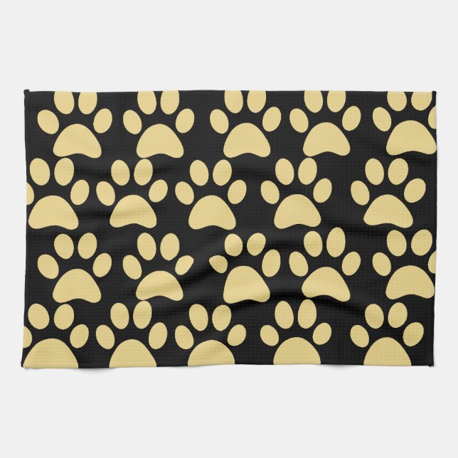 Cute Puppy Dog Paw Prints Tan Black Kitchen Towel (Horizontal)
