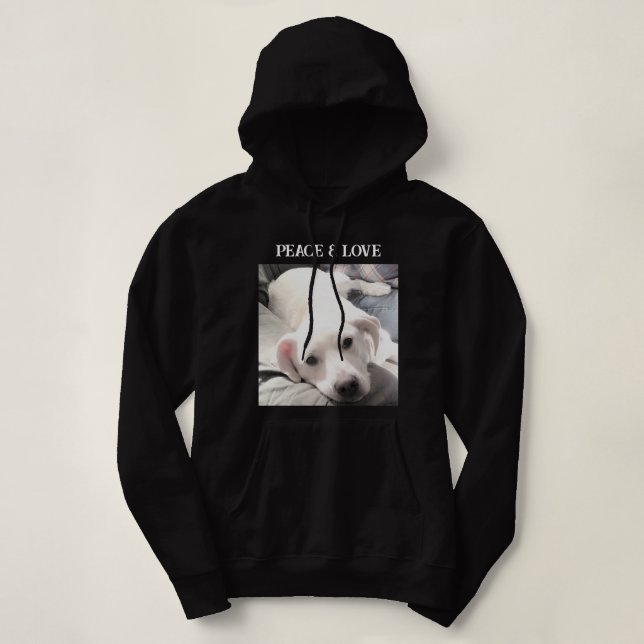Cute Puppy Dog Peace and Love Christmas Hoodie (Design Front)
