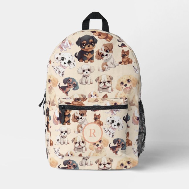 Cute Puppy Dog Peach Printed Backpack (Front)