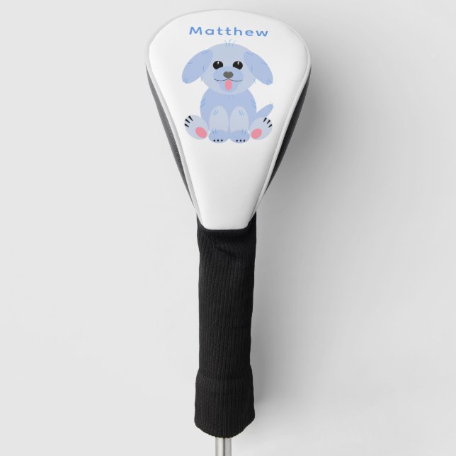 Cute Puppy Dog Personalized Cartoon Pastel Blue Golf Head Cover (Front)