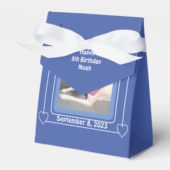 Cute Puppy Dog Photo Birthday Number 5 Blue Favor Box (Front Side)