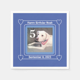 Cute Puppy Dog Photo Birthday Number 5 Blue Napkin