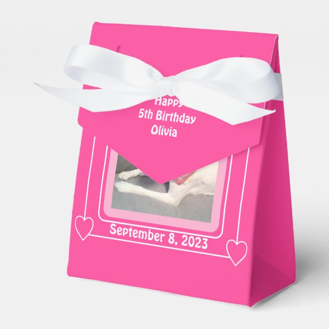 Cute Puppy Dog Photo Birthday Number 5 Pink Favor Box (Front Side)