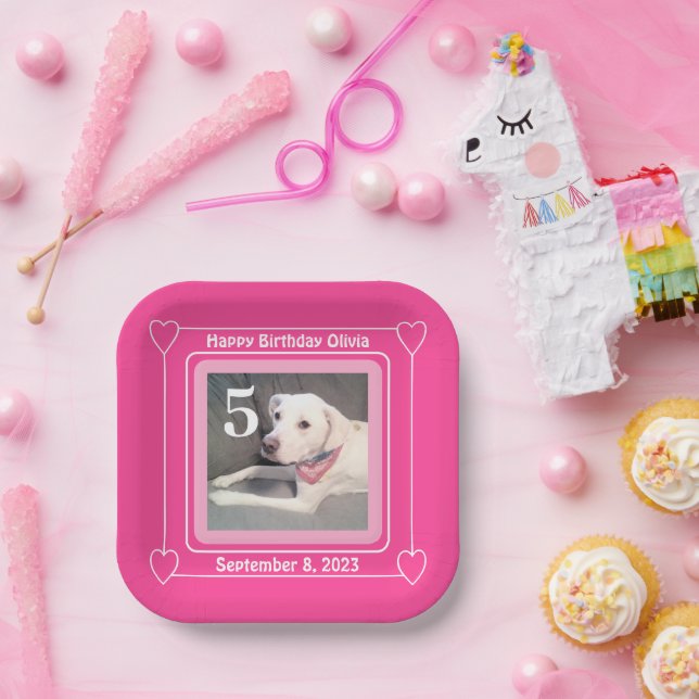 Cute Puppy Dog Photo Birthday Number 5 Pink Square Paper Plate (Party)