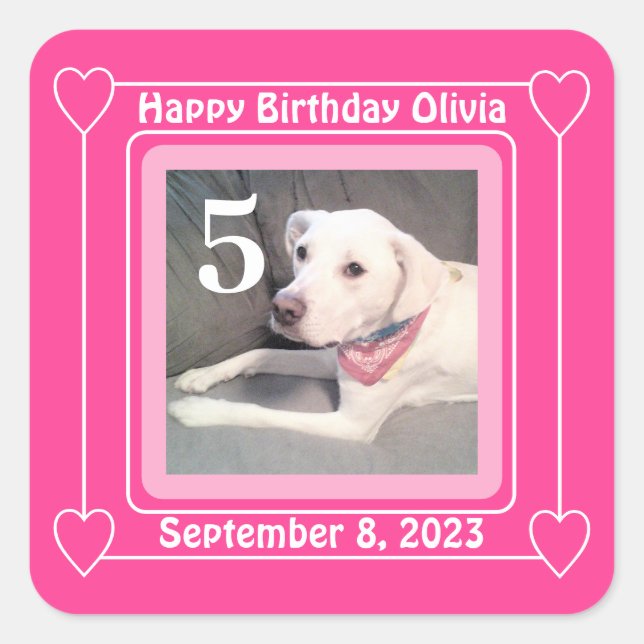 Cute Puppy Dog Photo Birthday Number 5 Pink Square Sticker (Front)