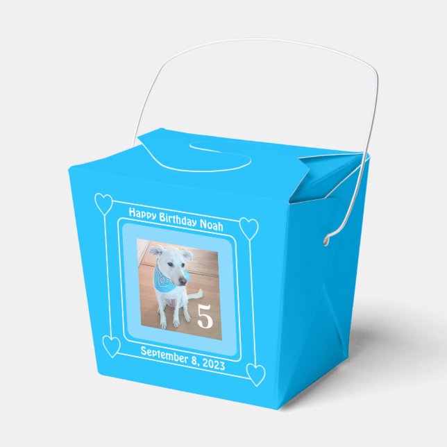 Cute Puppy Dog Photo Happy Birthday Number 5 Blue Favor Box (Front Side)