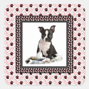 Cute Puppy Dog Photo Paw and Bone Template Square Sticker
