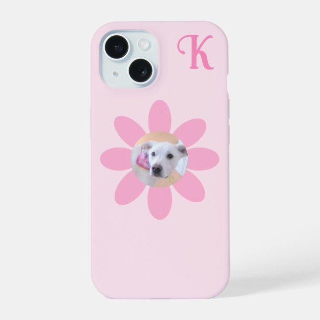 Cute Puppy Dog Photo Pink Flower Girl's Initial iPhone 15 Case (Back)