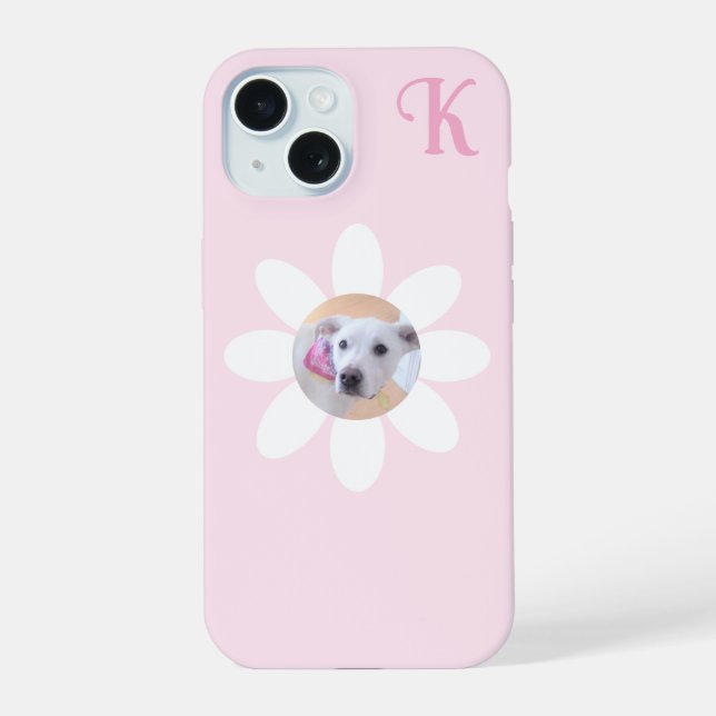 Cute Puppy Dog Photo Pink Flower Girl's Initial iPhone 15 Case (Back)