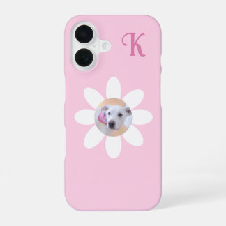Cute Puppy Dog Photo Pink Flower Girl's Initial iPhone 16 Case