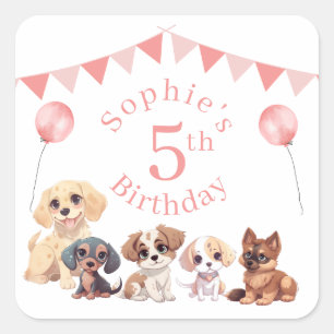 Cute Puppy Dog Pink 5th Birthday  Square Sticker