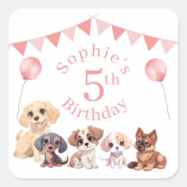 Cute Puppy Dog Pink 5th Birthday  Square Sticker (Front)