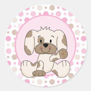 Cute Puppy Dog Pink Polka Dot Baby Shower Classic Round Sticker