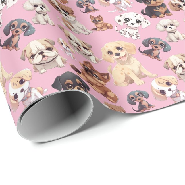 Cute Puppy Dog Pink Wrapping Paper (Roll Corner)