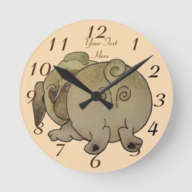 cute puppy dog play bowing brown pug round clock (Front)