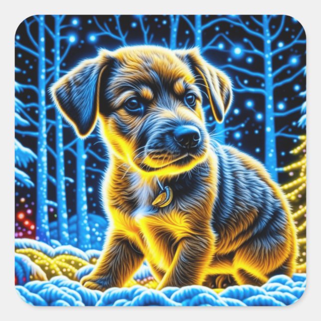 Cute Puppy Dog Playing in Snow Christmas Square Sticker (Front)
