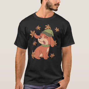 Cute Puppy Dog Playing With Leaves Fall Season Gra T-Shirt