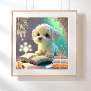 Cute Puppy Dog reading a book Nursery Art Poster