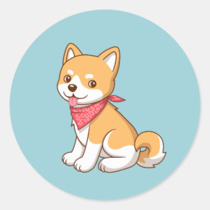Cute Puppy Dog Shiba Inu on Blue Classic Round Sticker