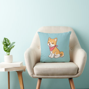 Cute Puppy Dog Shiba Inu on Blue Throw Pillow
