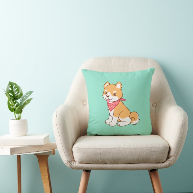 Cute Puppy Dog Shiba Inu on Green Throw Pillow (Chair)