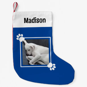Cute Puppy Dog Single 1 Photo Custom Name Blue Small Christmas Stocking