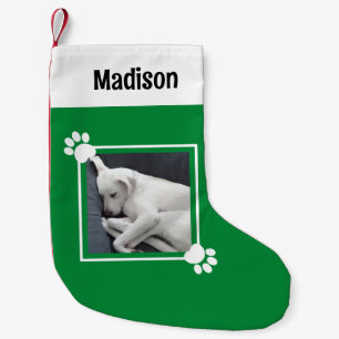 Cute Puppy Dog Single 1 Photo Custom Name Green Small Christmas Stocking