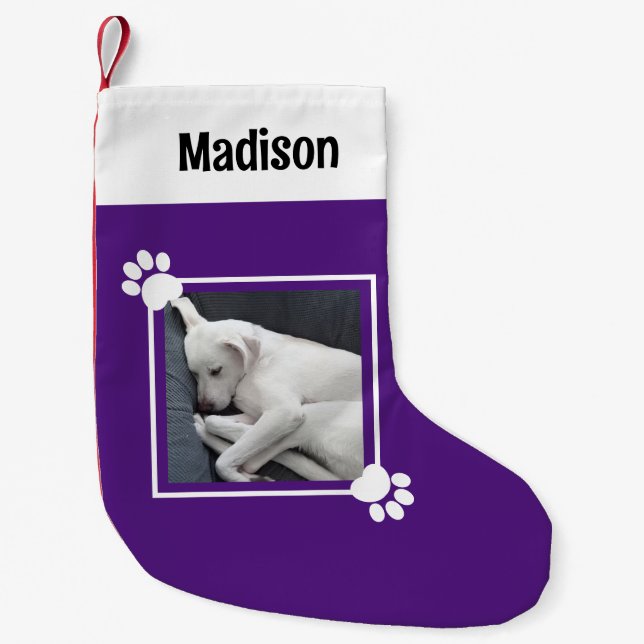 Cute Puppy Dog Single 1 Photo Custom Name Purple Small Christmas Stocking (Front)