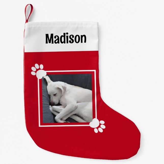 Cute Puppy Dog Single 1 Photo Custom Name Red Small Christmas Stocking (Front)