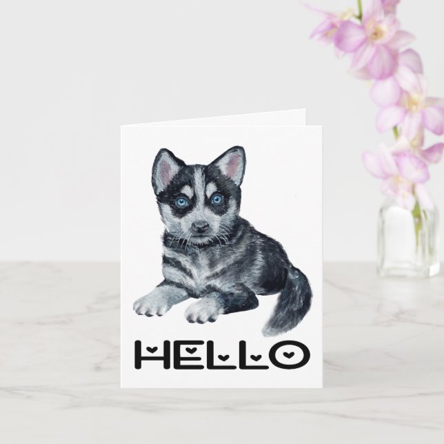 Cute Puppy Dog Watercolor Siberian Husky Hello Card (Orchid)