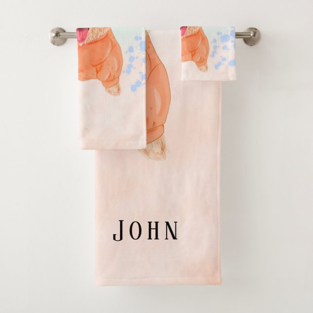 Cute Puppy Dog Watercolor Splash Custom Bath Towel Set (Insitu)